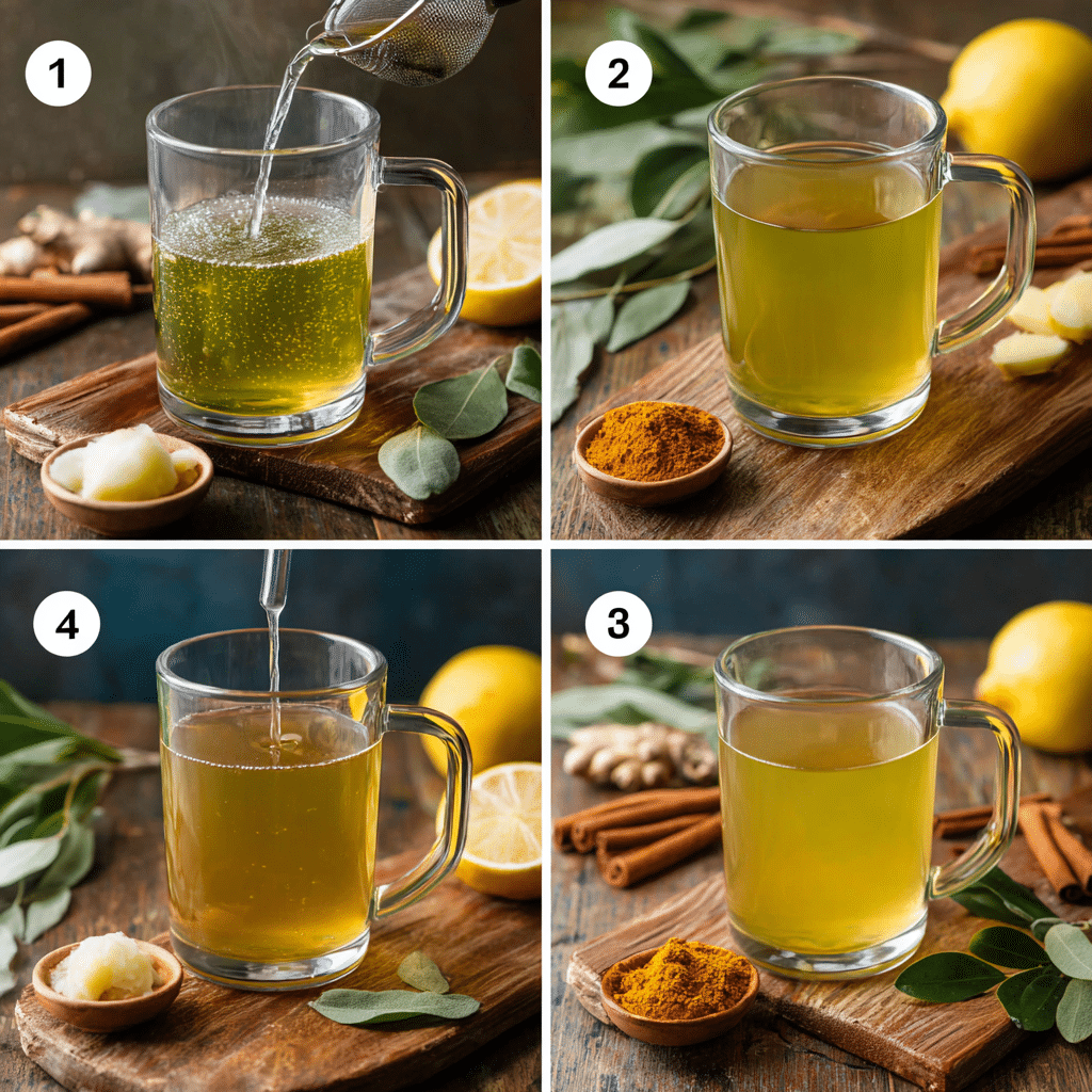 Step-by-step guide for making a natural Ozempic drink with green tea, apple cider vinegar, cinnamon, turmeric, and lemon juice.