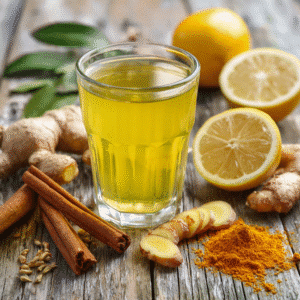 Refreshing natural Ozempic drink with ingredients like green tea, apple cider vinegar, cinnamon, turmeric, ginger, and lemon.