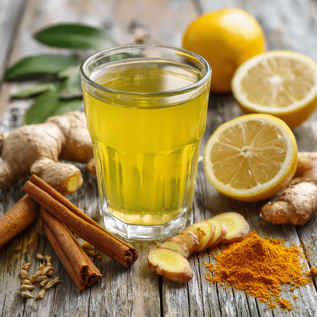 Refreshing natural Ozempic drink with ingredients like green tea, apple cider vinegar, cinnamon, turmeric, ginger, and lemon.